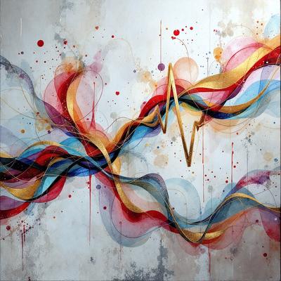 The primary subject of the image is a large, colorful painting of a heart. The heart is depicted in a vibrant and artistic manner, with a mix of red, blue, yellow, and gold colors. The setting of the painting is a white wall, which serves as a clean and uncluttered backdrop for the heart's striking visuals. The visual style of the painting is a combination of digital art and illustration, creating a unique and eye-catching piece of art. The overall atmosphere of the